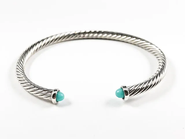 Modern Thin Cable Wire Texture With Dainty Turquoise Crystal Duo Ends Brass Cuff Bangle