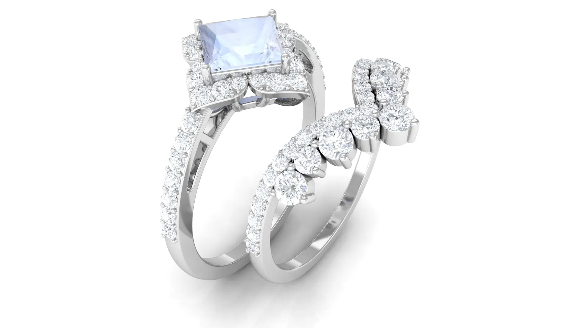 Moonstone and Moissanite Statement Wedding Ring Set