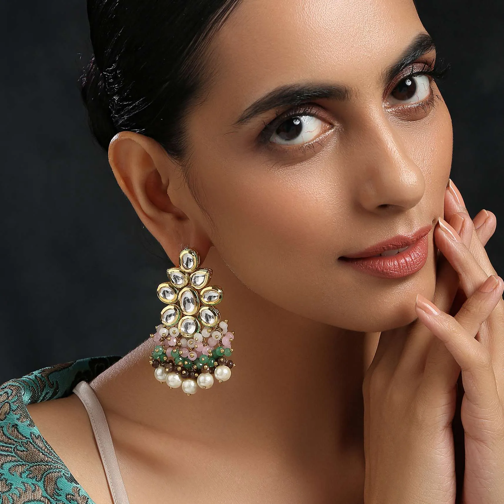 Multicoloured Gold Plated Kundan Earrings
