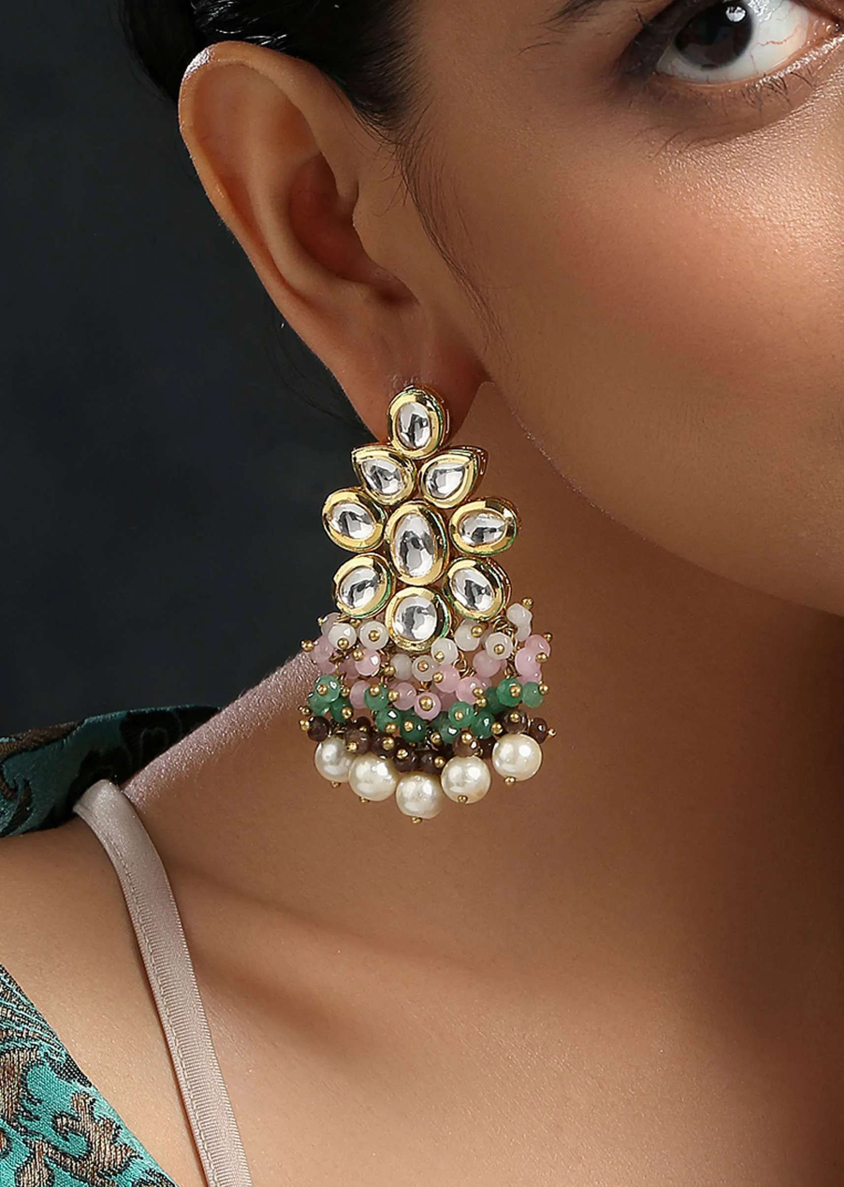 Multicoloured Gold Plated Kundan Earrings