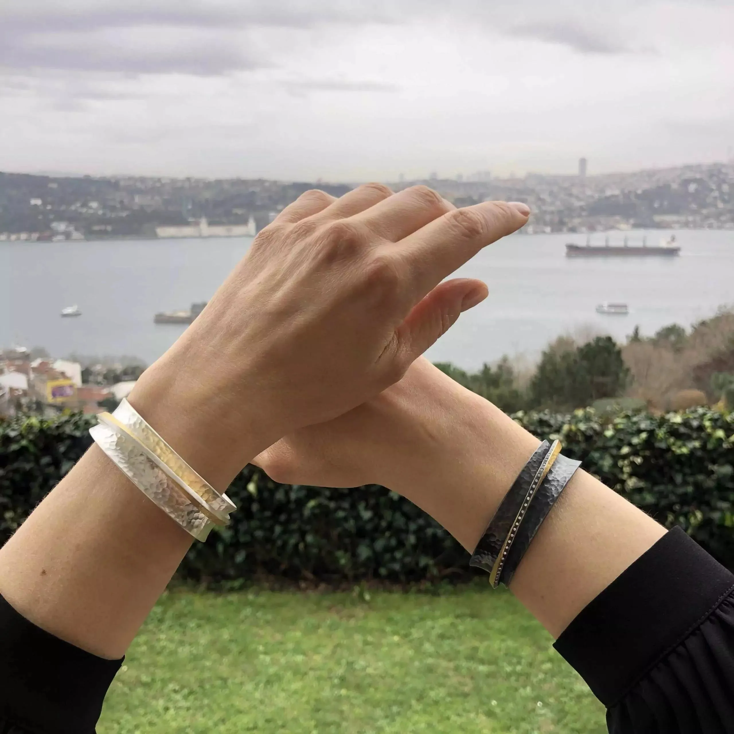 Narrow 24K Hammered Fusion Gold & Oxidized Sterling Silver Twist Open Cuff Bracelet with Diamonds