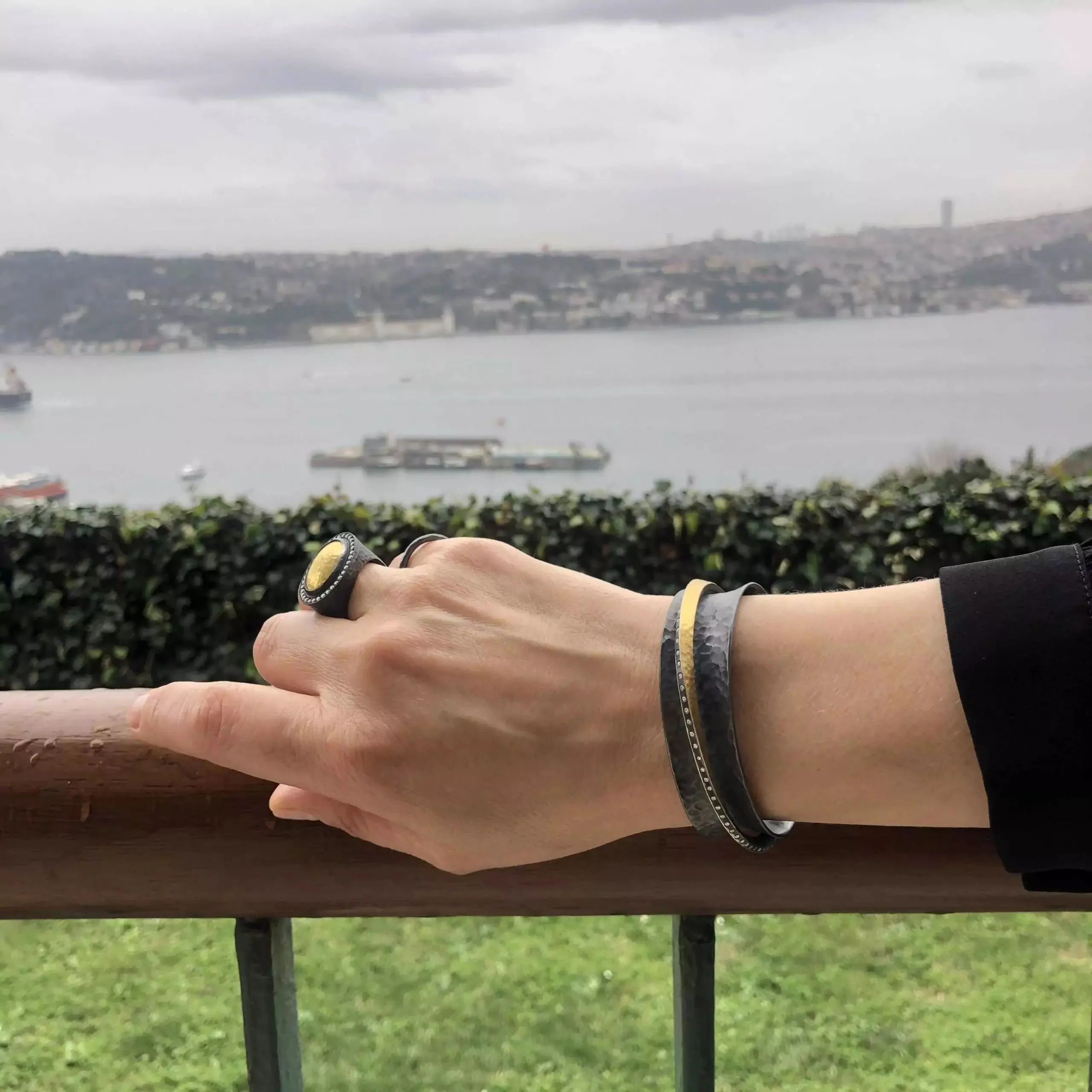 Narrow 24K Hammered Fusion Gold & Oxidized Sterling Silver Twist Open Cuff Bracelet with Diamonds