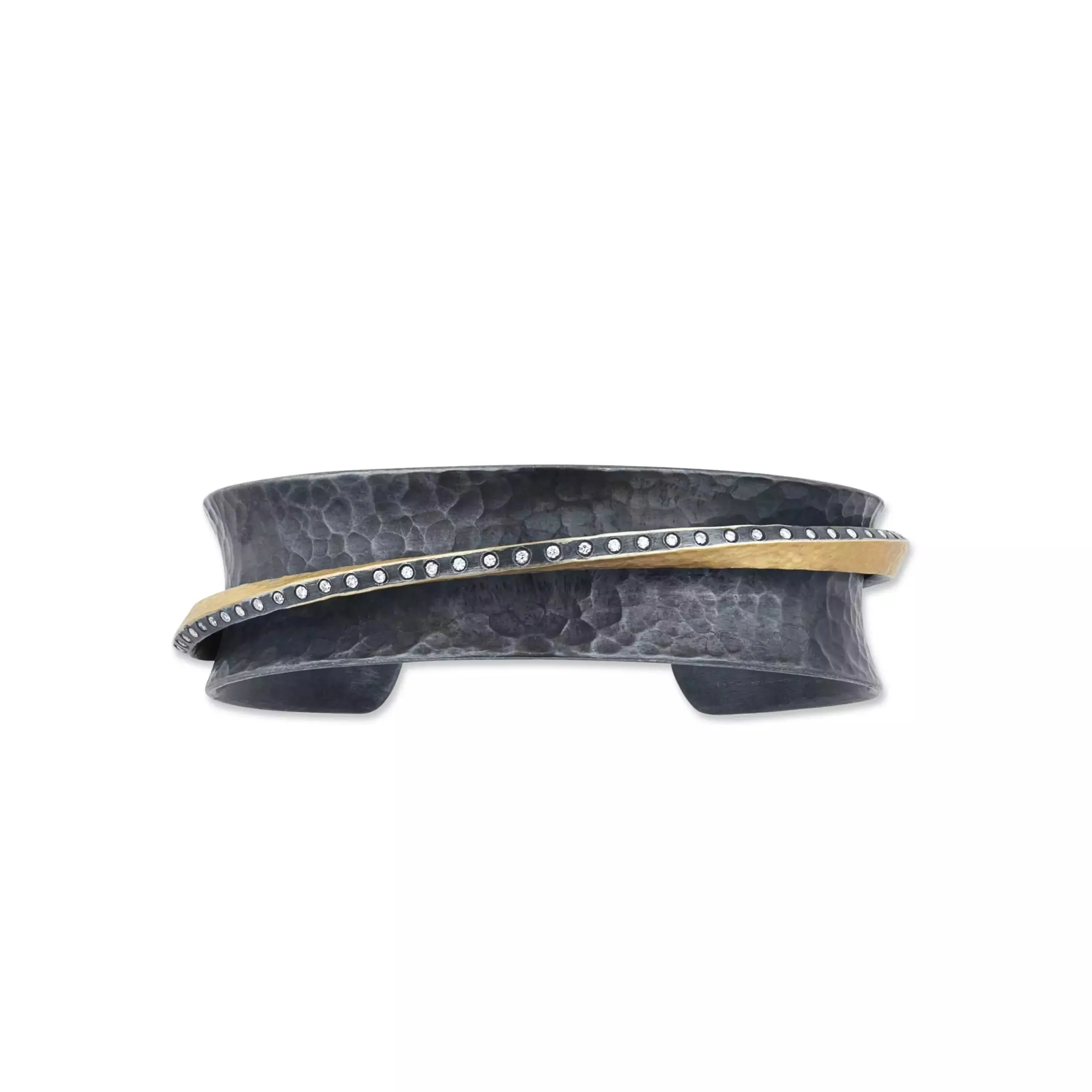 Narrow 24K Hammered Fusion Gold & Oxidized Sterling Silver Twist Open Cuff Bracelet with Diamonds