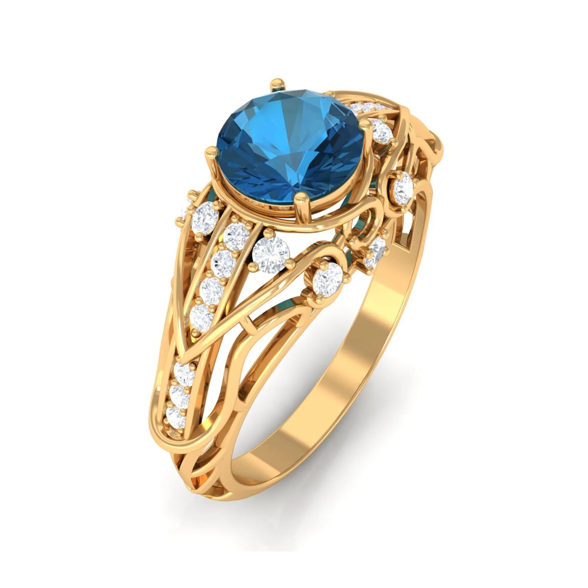 Natural London Blue Topaz Vintage Inspired Ring with Diamond