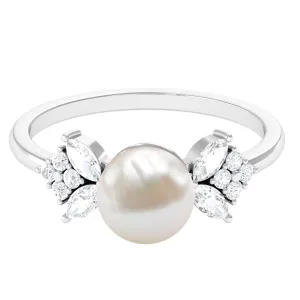 Nature Inspired Freshwater Pearl Solitaire Ring with Diamond