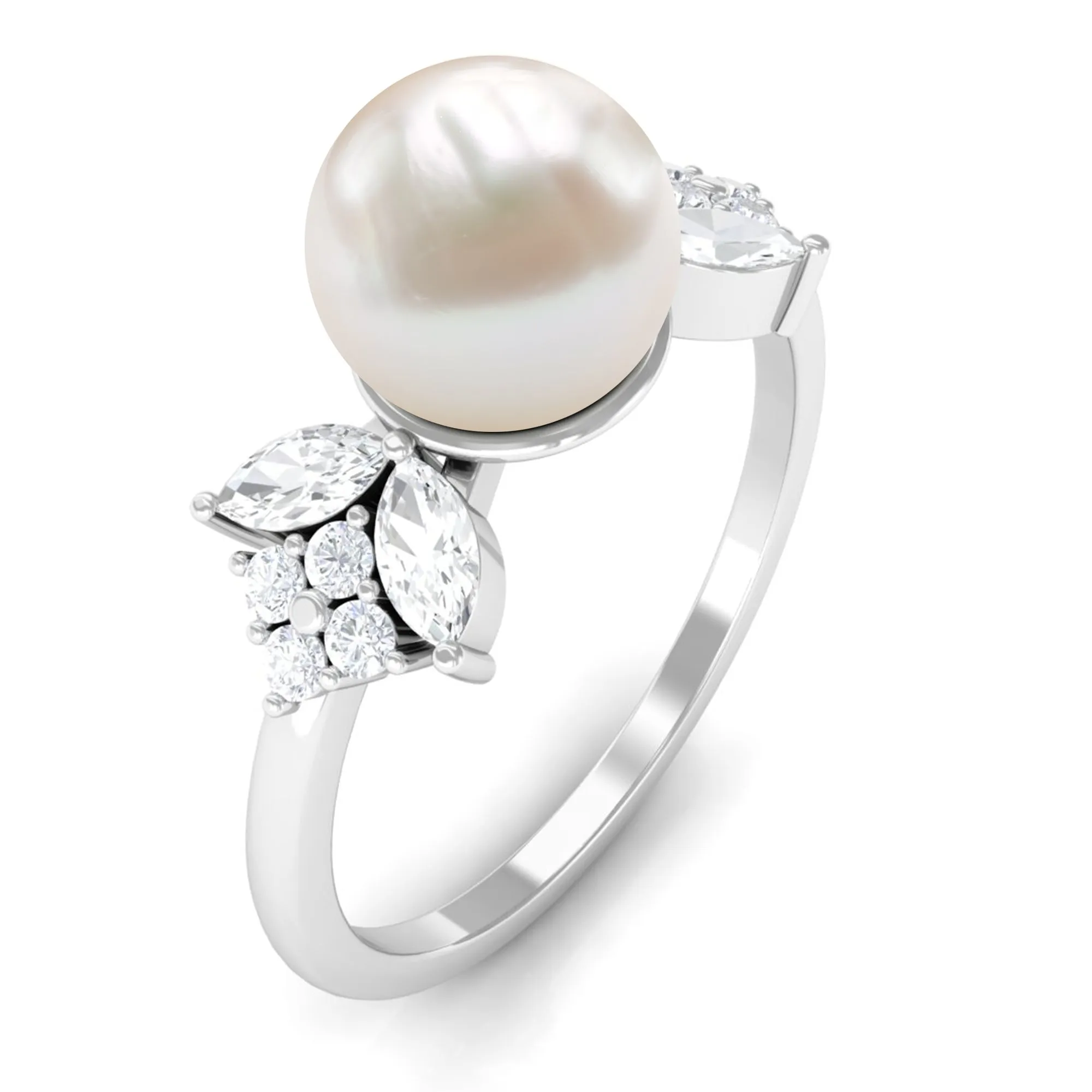 Nature Inspired Freshwater Pearl Solitaire Ring with Diamond