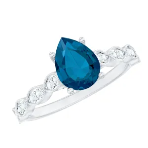 Pear Cut London Blue Topaz Solitaire Ring with Diamond Side Stones
