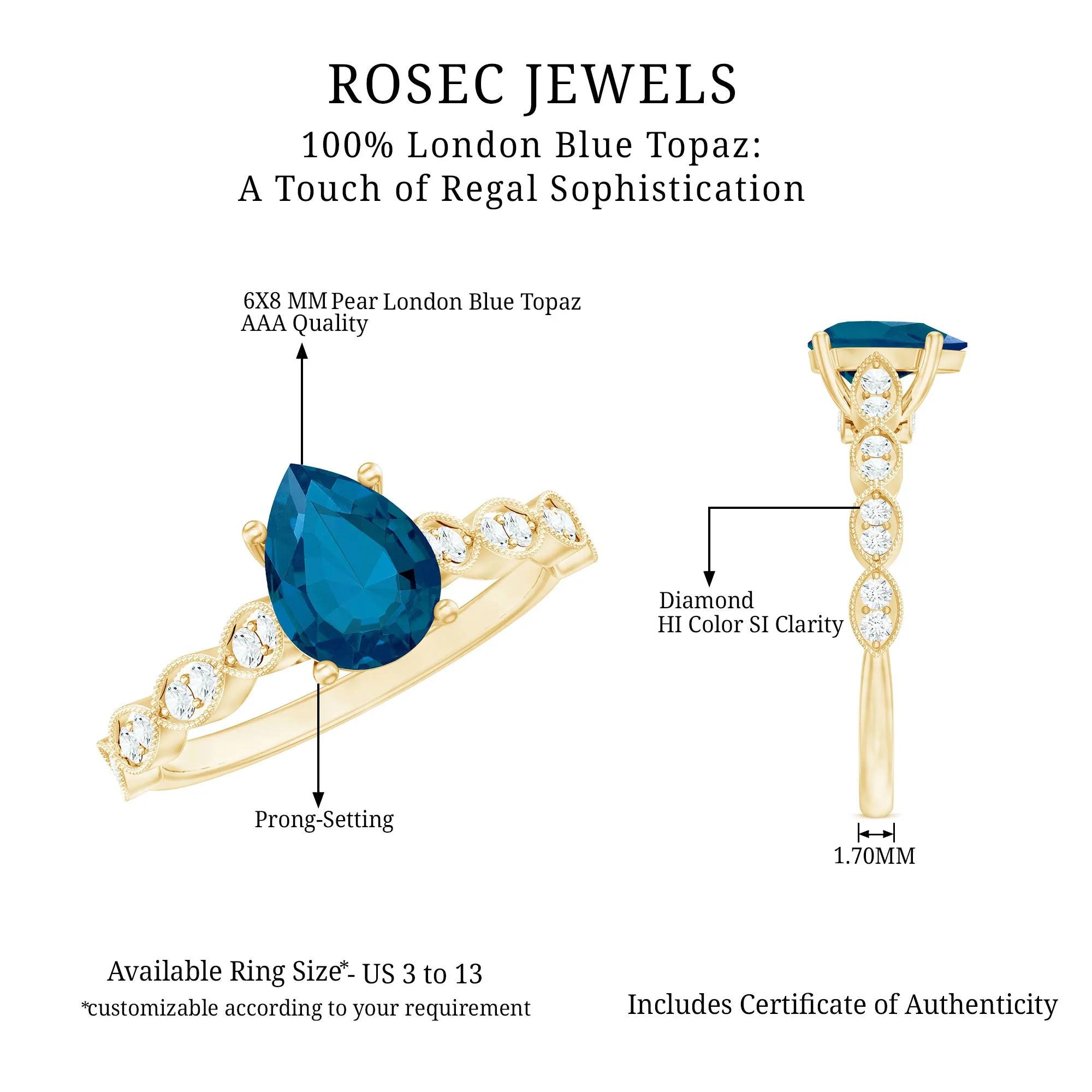 Pear Cut London Blue Topaz Solitaire Ring with Diamond Side Stones