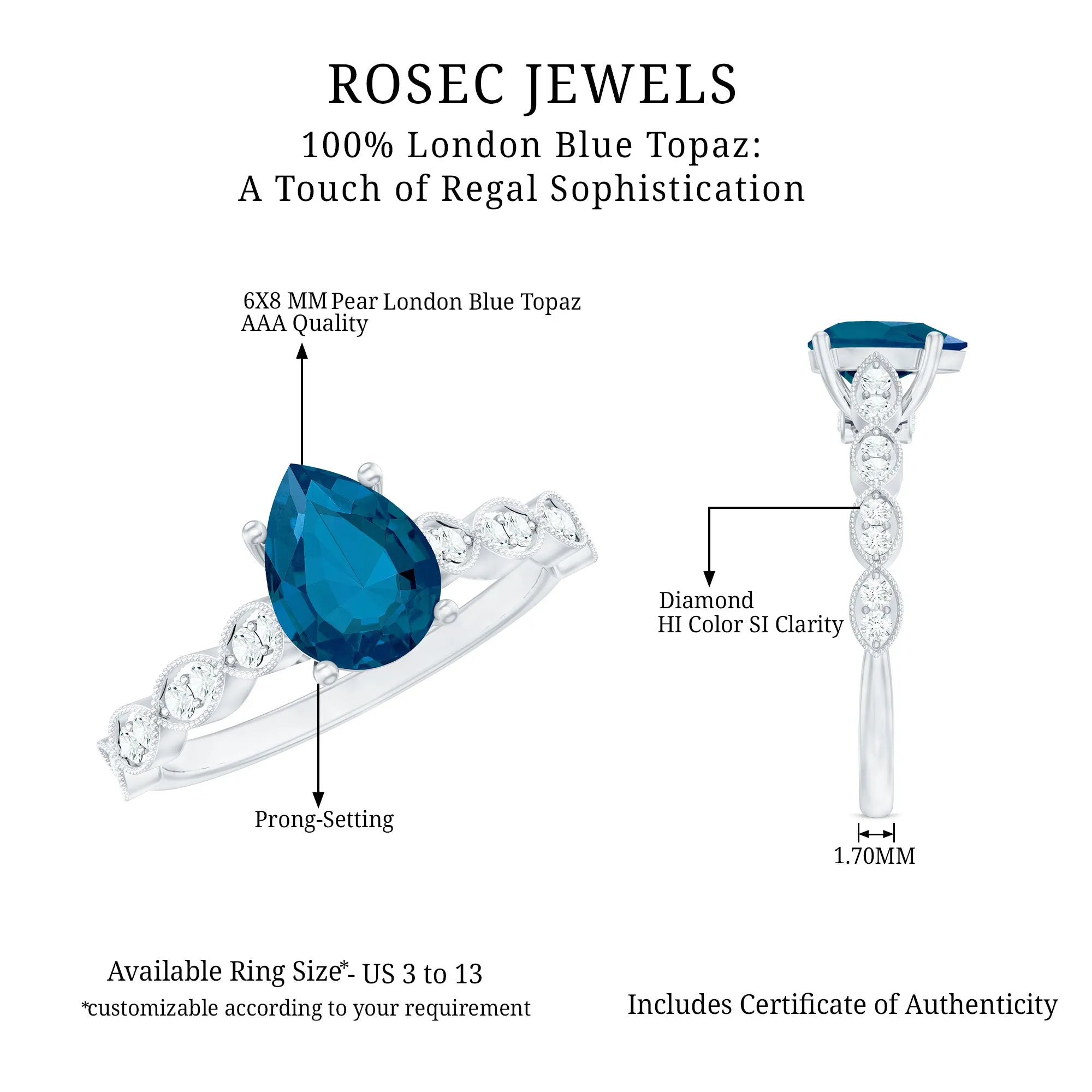 Pear Cut London Blue Topaz Solitaire Ring with Diamond Side Stones