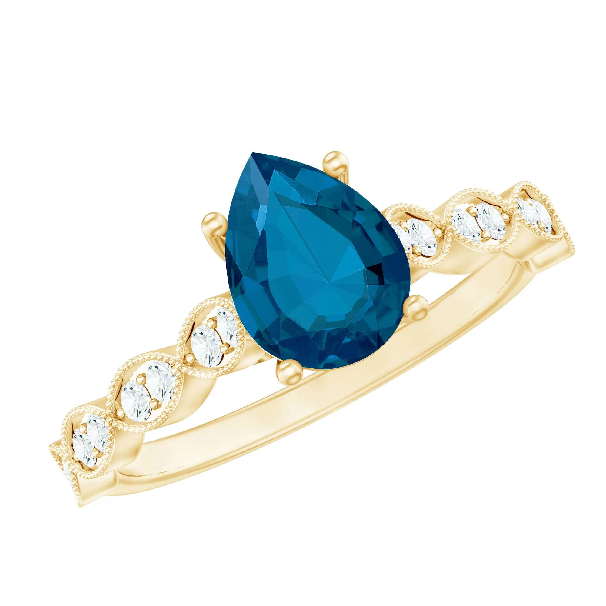 Pear Cut London Blue Topaz Solitaire Ring with Diamond Side Stones