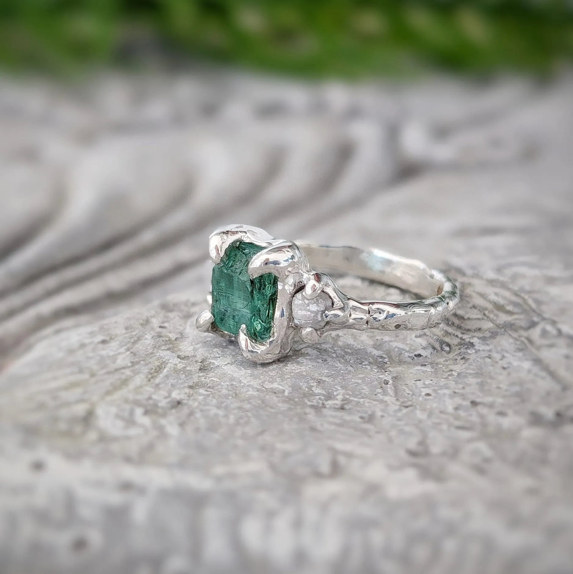 Raw Emerald and diamond engagement ring in Solid 14k Gold