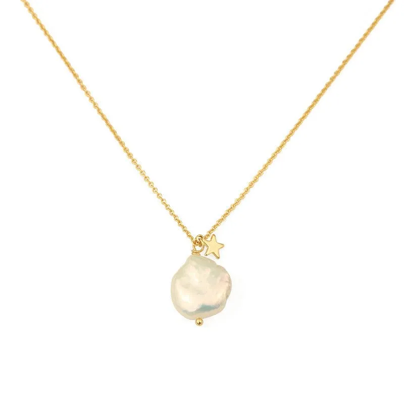 Real Natural Pearl & Star Pendant Gold Necklace