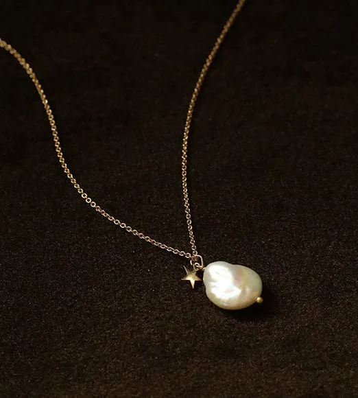 Real Natural Pearl & Star Pendant Gold Necklace