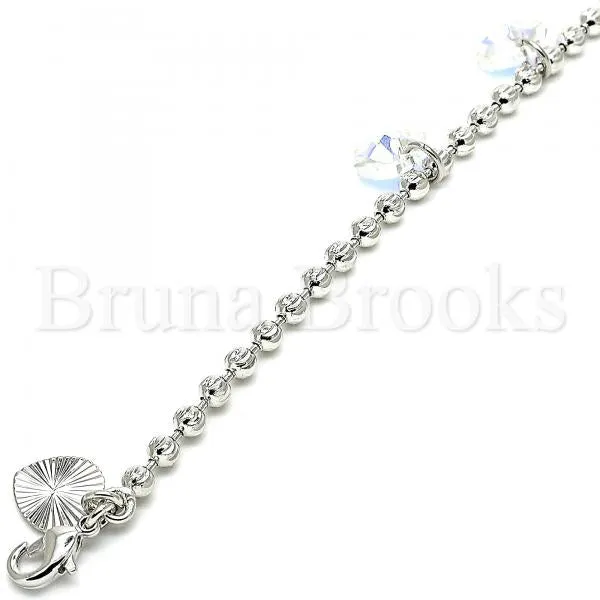Rhodium Plated 03.26.0046.07 Charm Bracelet, Rattle Charm and Heart Design, with Aurore Boreale Swarovski Crystals, Diamond Cutting Finish, Rhodium Tone