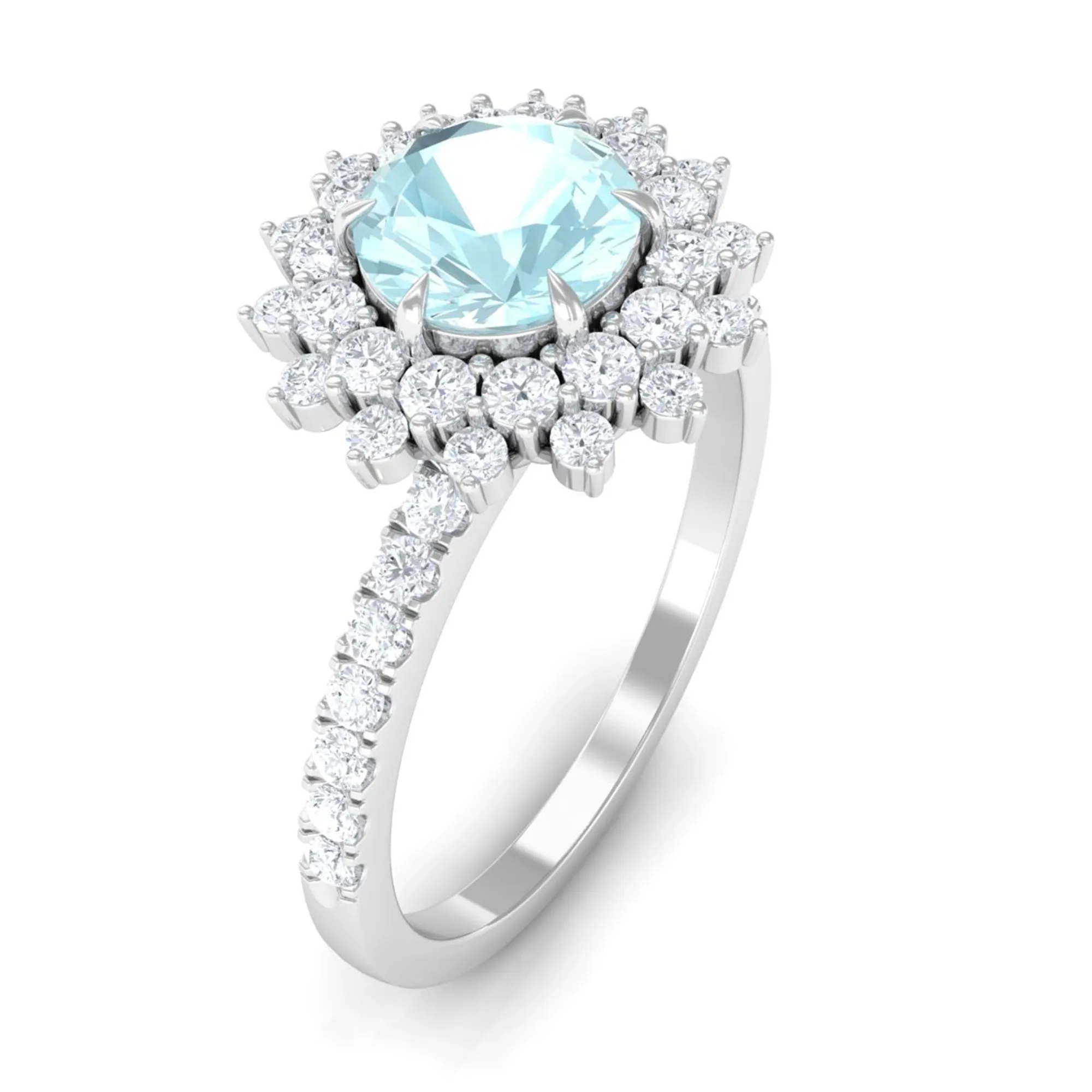 Round Sky Blue Topaz Statement Engagement Ring with Moissanite Cluster Halo