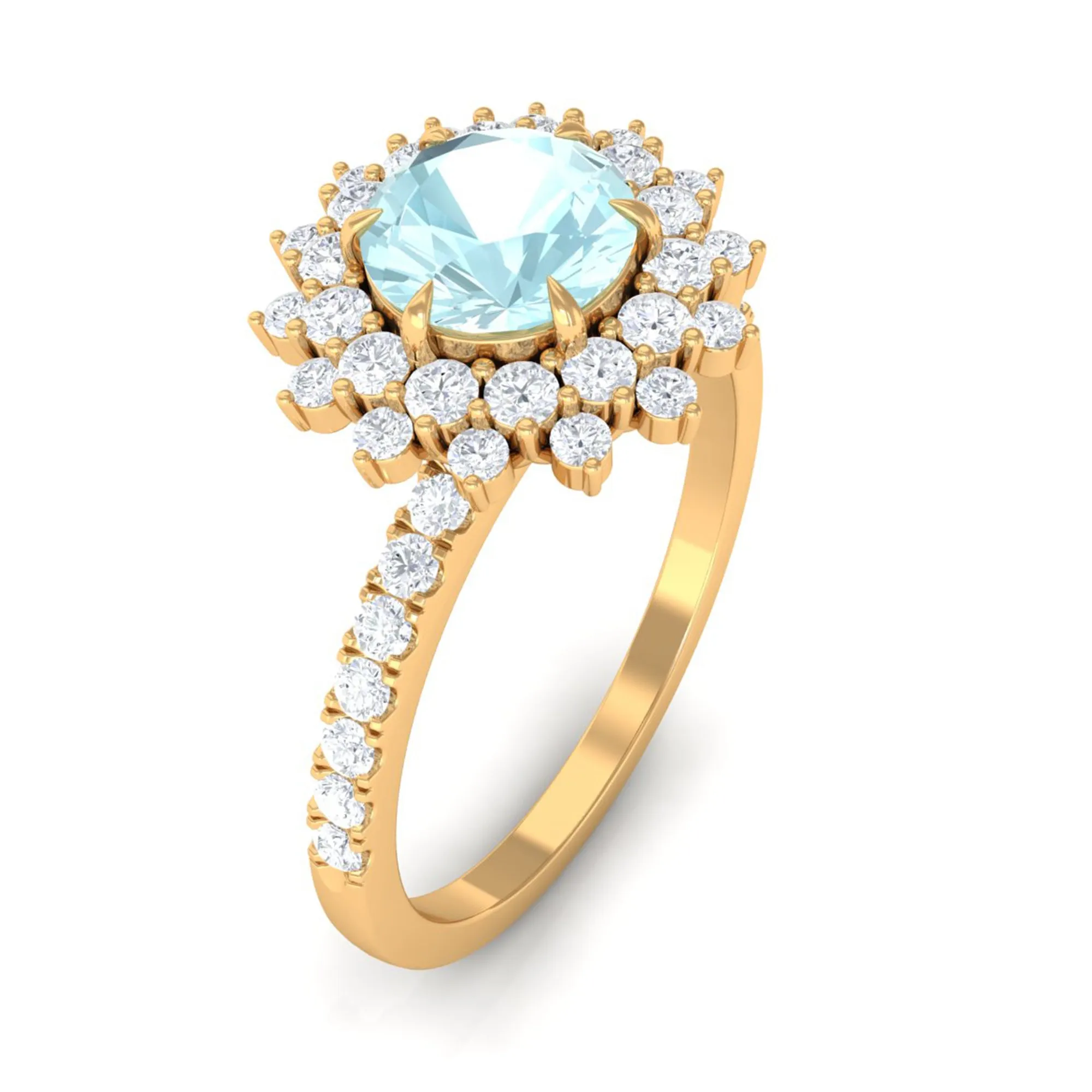 Round Sky Blue Topaz Statement Engagement Ring with Moissanite Cluster Halo