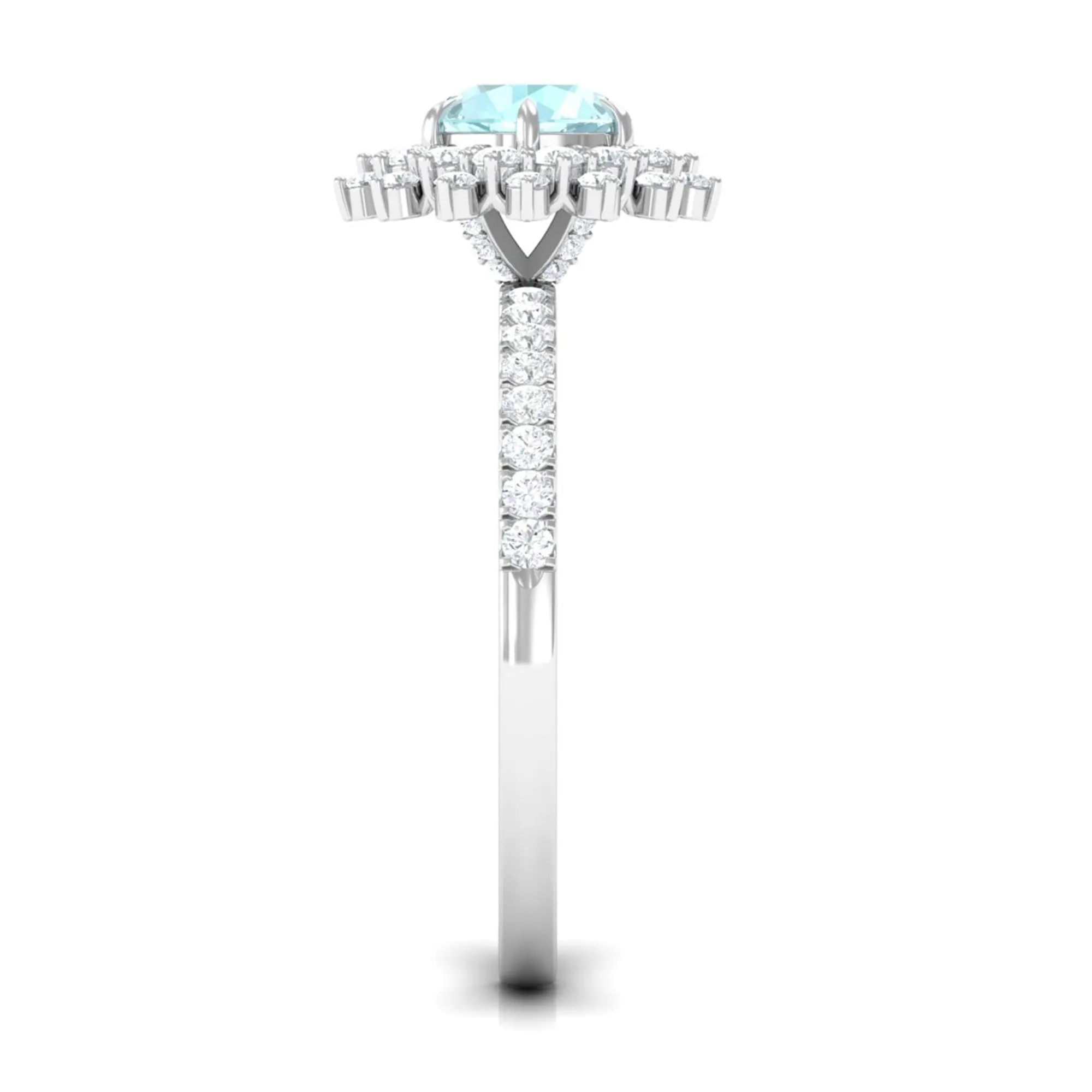 Round Sky Blue Topaz Statement Engagement Ring with Moissanite Cluster Halo