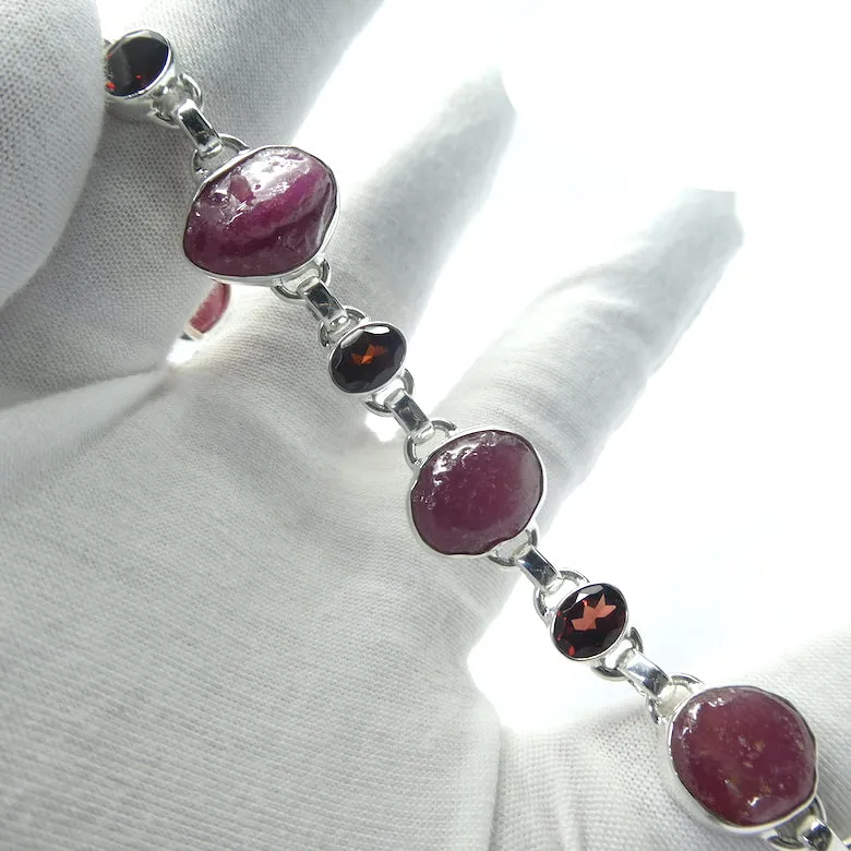 Ruby Bracelet, Gemmy Raw Nuggets & Faceted Garnets, 925 Silver,