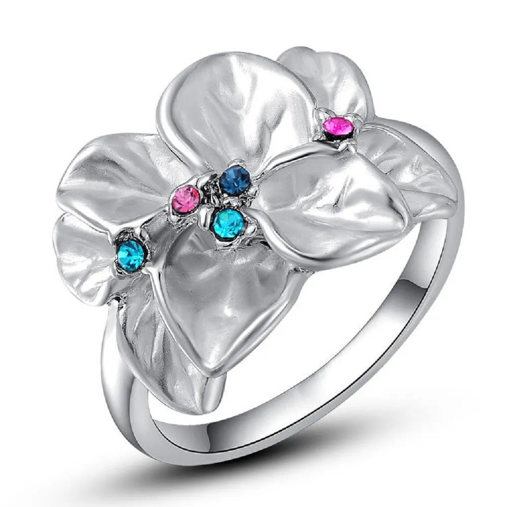 Silver Austrian Crystal Flower Ring
