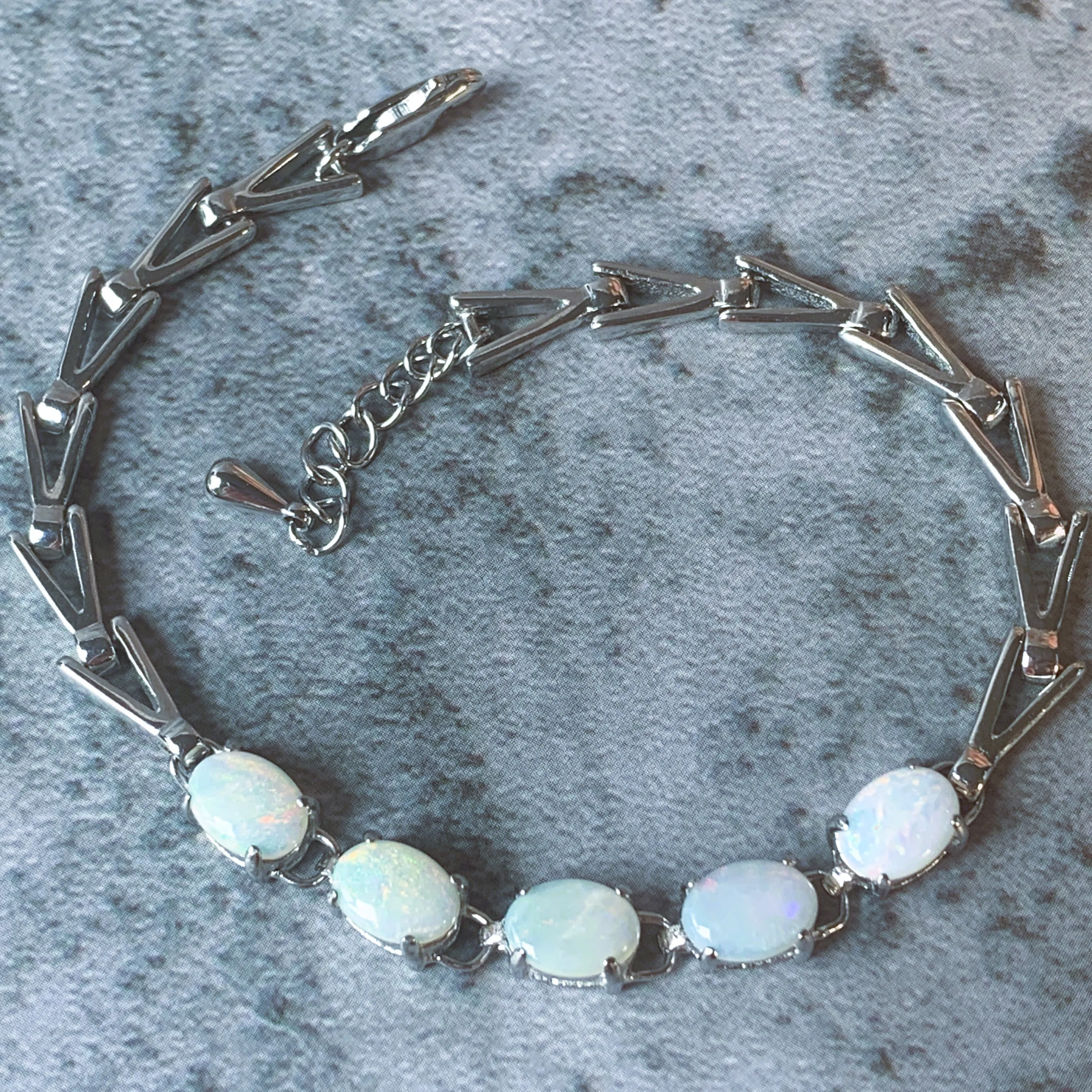 Sterling Silver 5 White Opal 8x6mm Bracelet