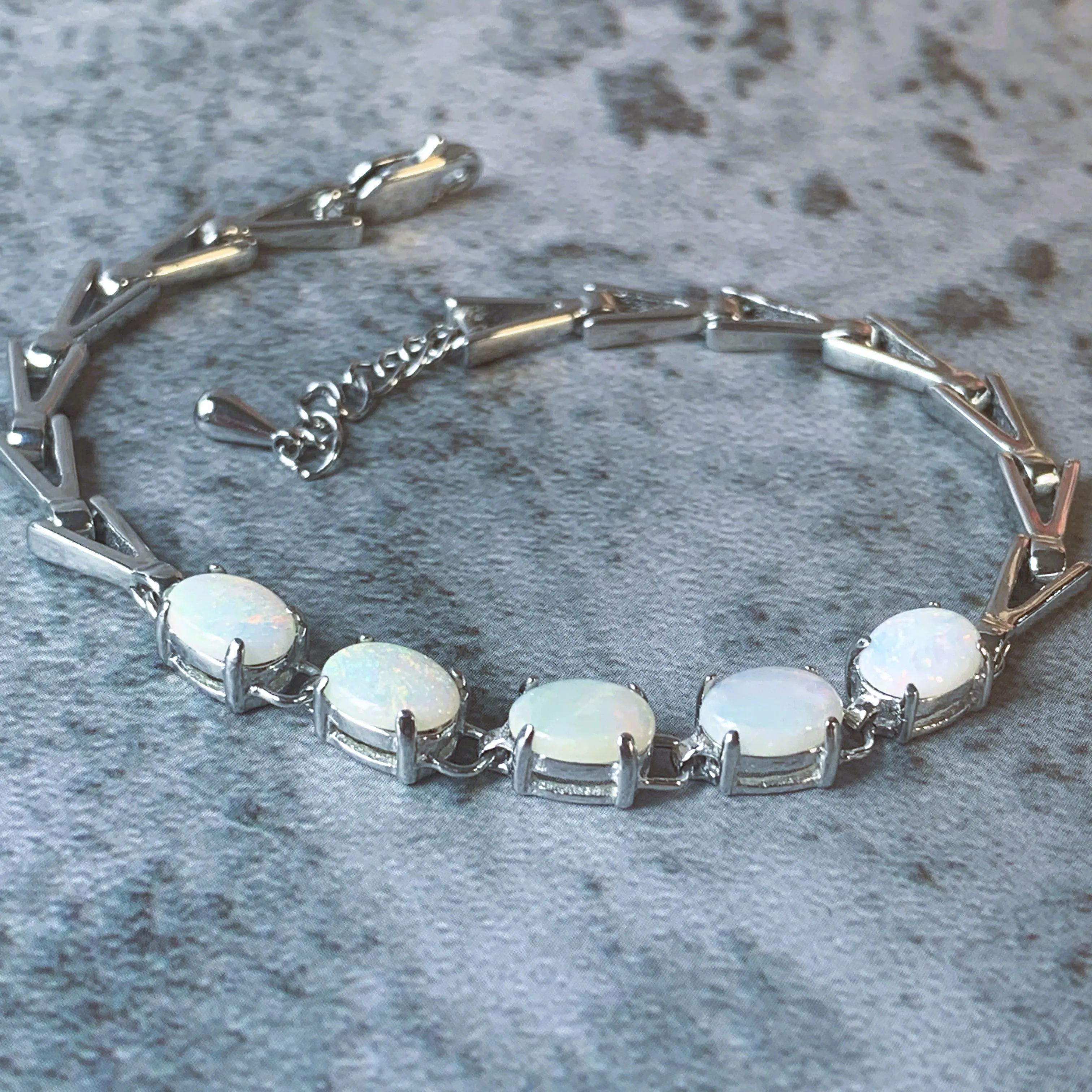 Sterling Silver 5 White Opal 8x6mm Bracelet