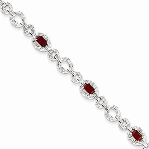 Sterling Silver Diamond & Garnet Oval Link Bracelet