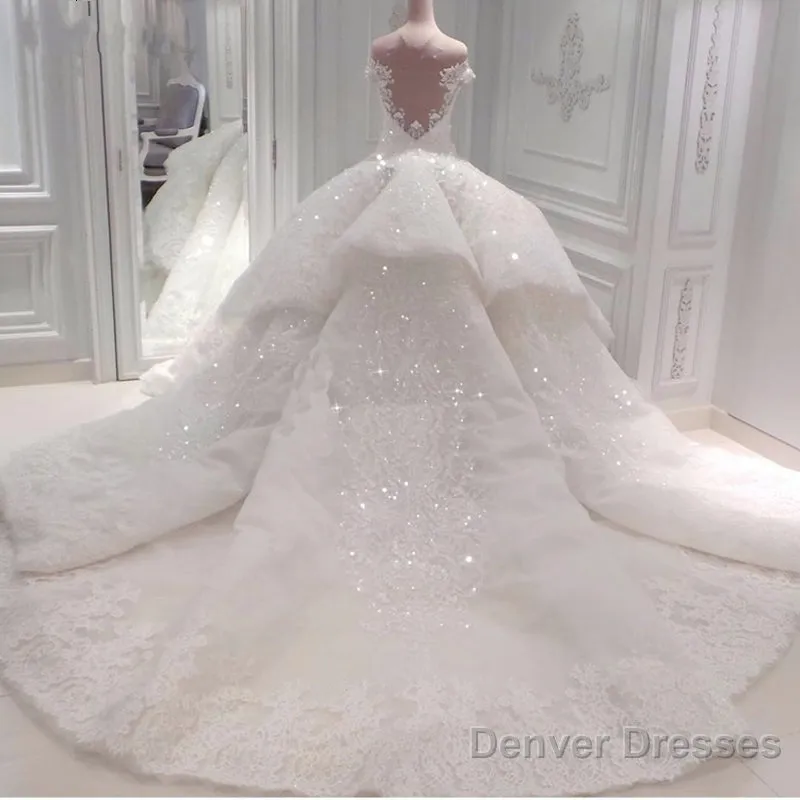 Strapless Sparkle Luxurious Train See through Ball Gown Wedding Dress