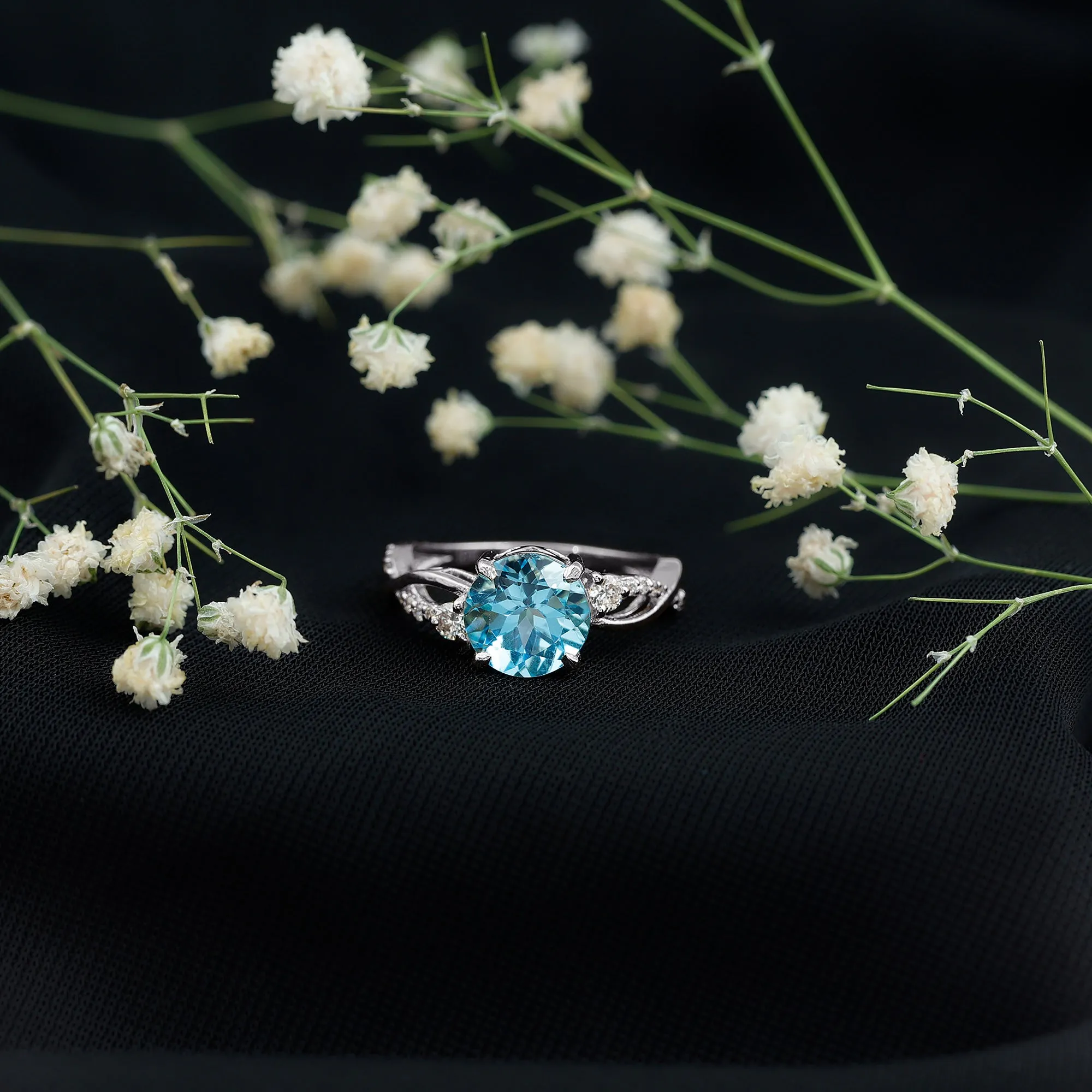 Swiss Blue Topaz and Diamond Engagement Ring with Crossover Shank