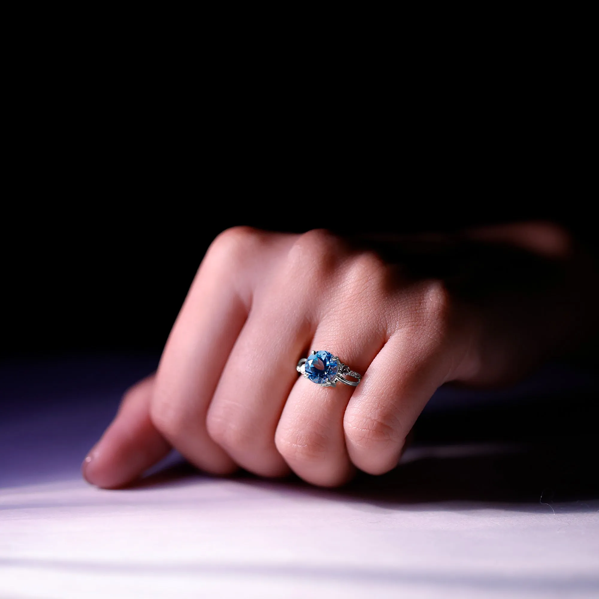 Swiss Blue Topaz and Diamond Engagement Ring with Crossover Shank