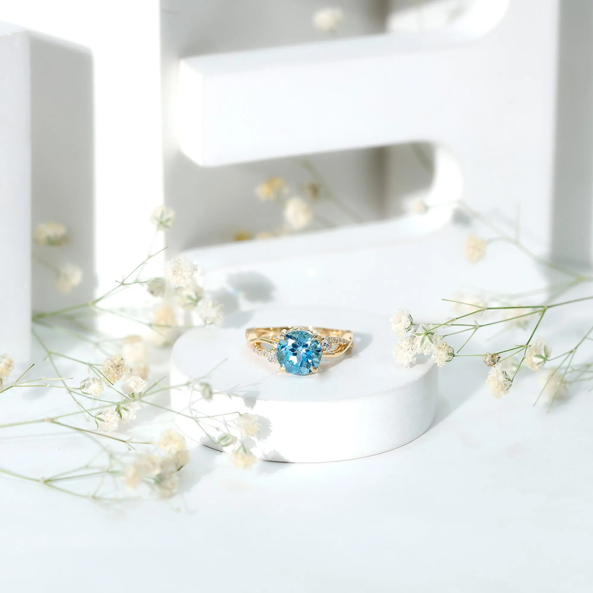 Swiss Blue Topaz and Diamond Engagement Ring with Crossover Shank