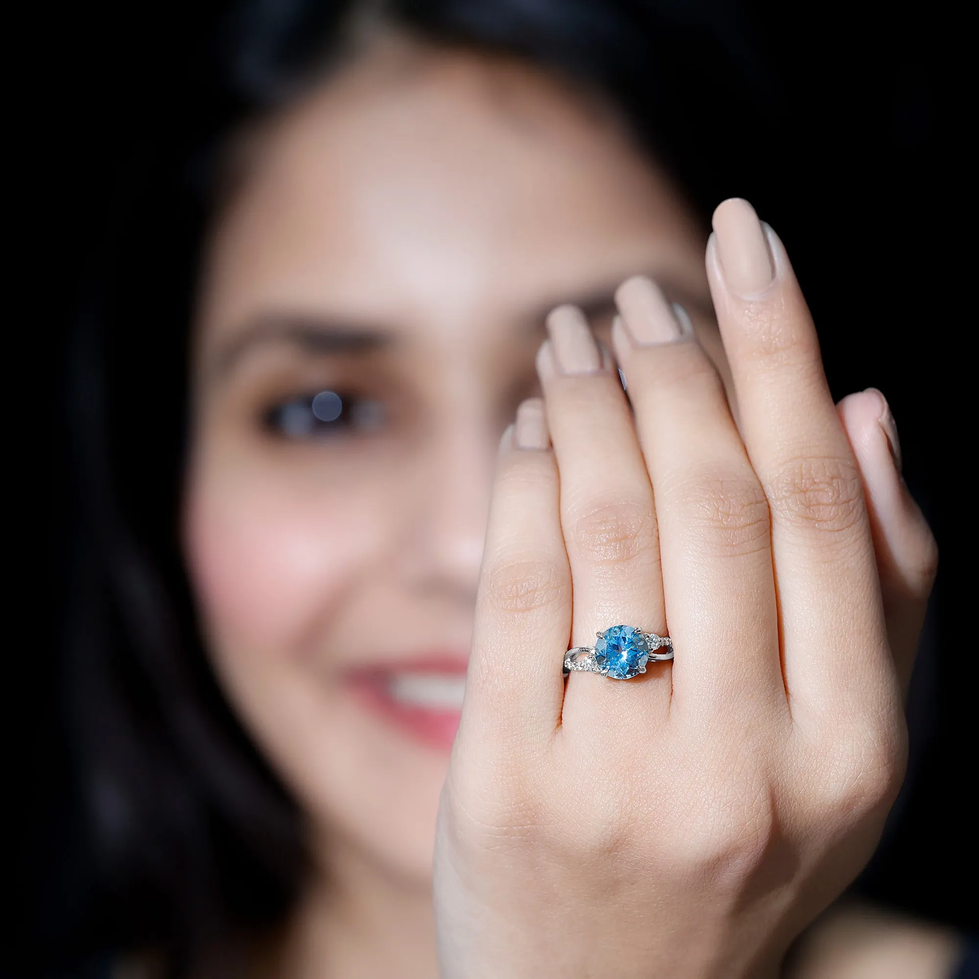 Swiss Blue Topaz and Diamond Engagement Ring with Crossover Shank