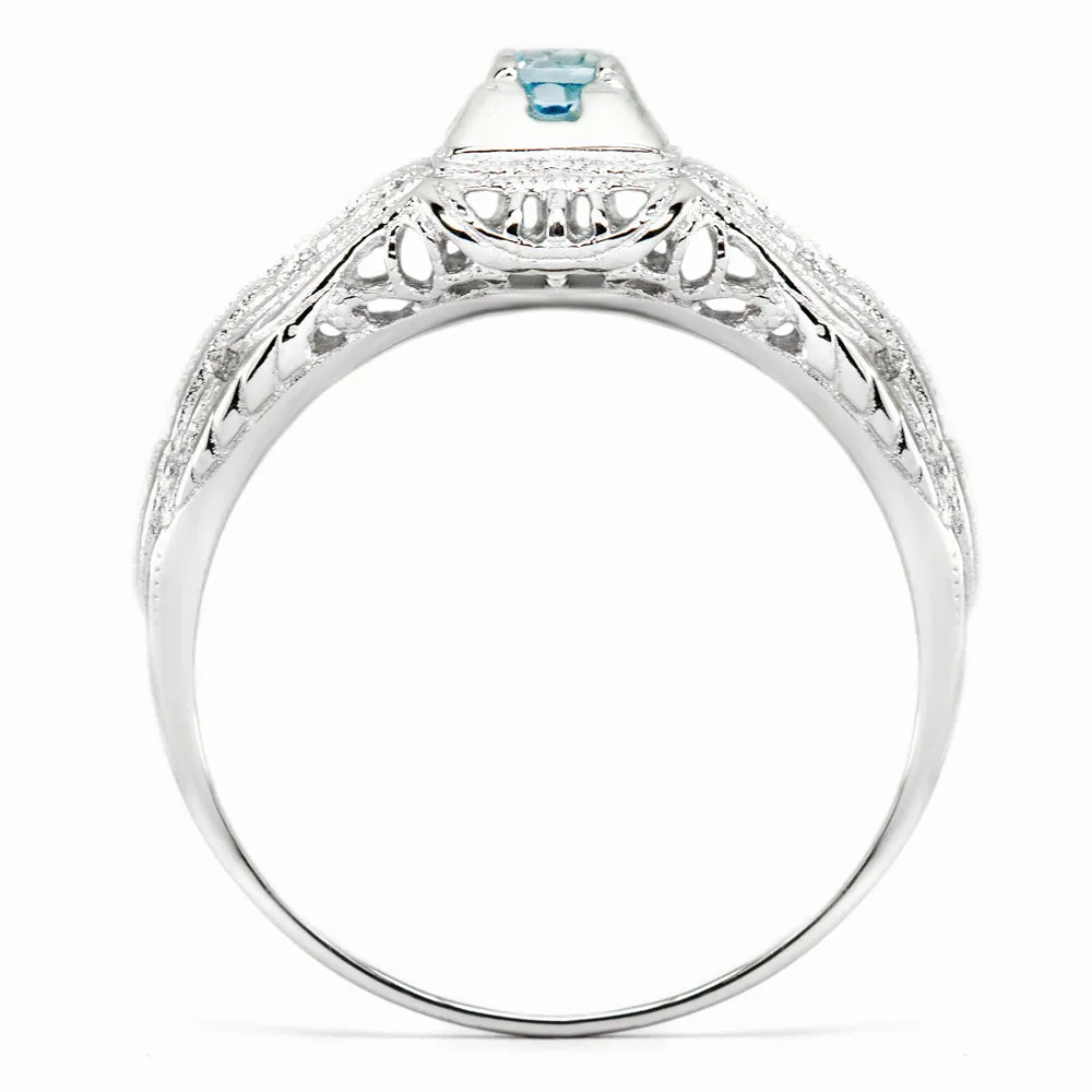 SWISS BLUE TOPAZ STERLING SILVER VINTAGE STYLE COCKTAIL RING FILIGREE PROMISE