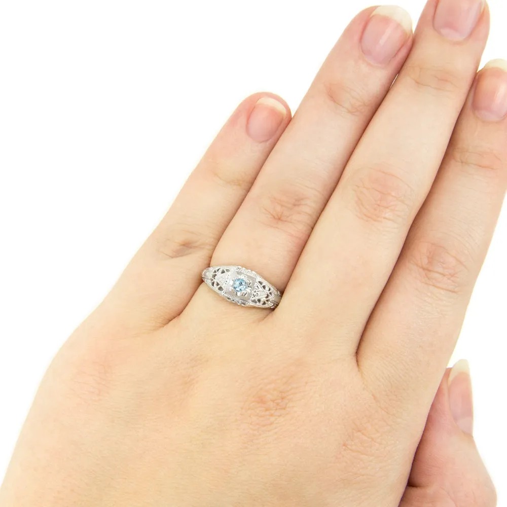 SWISS BLUE TOPAZ STERLING SILVER VINTAGE STYLE COCKTAIL RING FILIGREE PROMISE