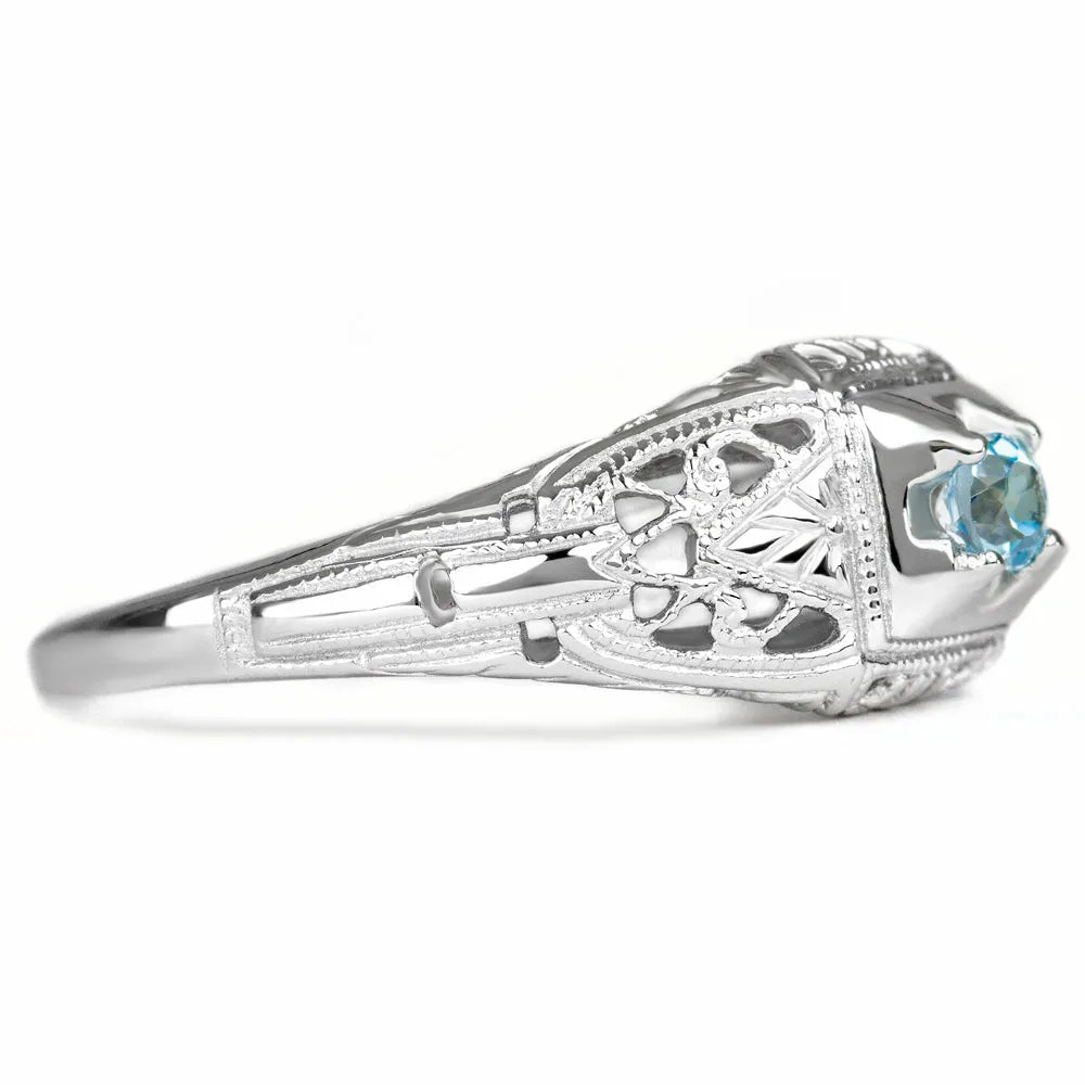 SWISS BLUE TOPAZ STERLING SILVER VINTAGE STYLE COCKTAIL RING FILIGREE PROMISE