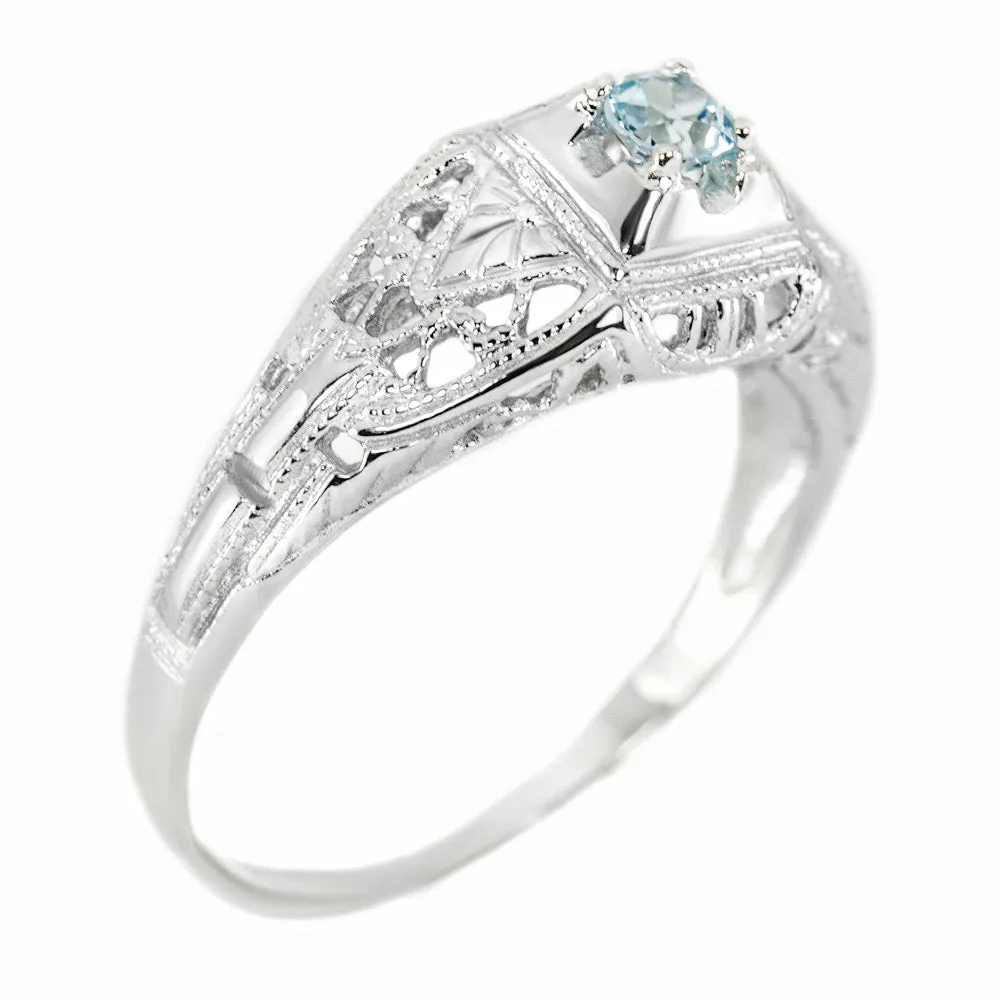 SWISS BLUE TOPAZ STERLING SILVER VINTAGE STYLE COCKTAIL RING FILIGREE PROMISE