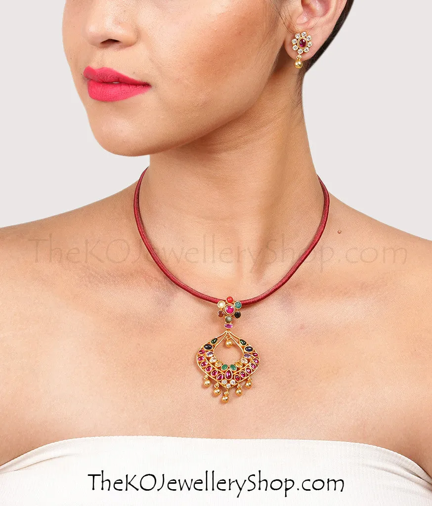 The Sujati Silver Navratna Pendant Set (Oxidised)