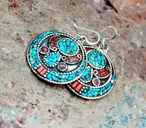 Traditional Inlaid Turquoise and Coral Earrings