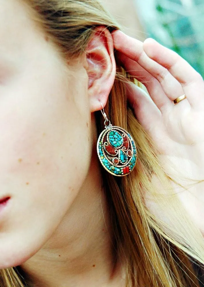 Traditional Inlaid Turquoise and Coral Earrings