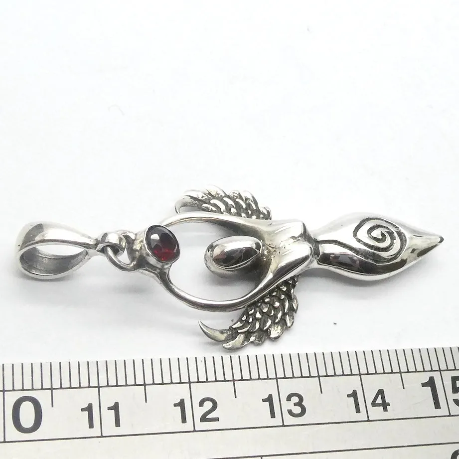 Winged Ancient Goddess with Garnet Pendant, 925 Sterling Silver