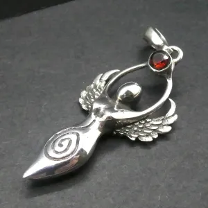 Winged Ancient Goddess with Garnet Pendant, 925 Sterling Silver