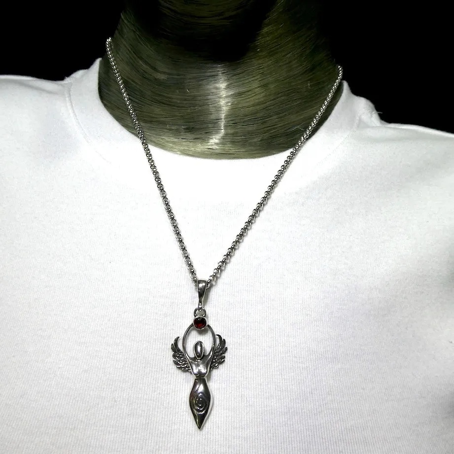 Winged Ancient Goddess with Garnet Pendant, 925 Sterling Silver