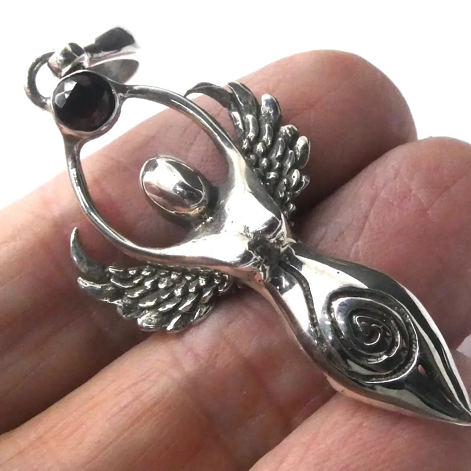 Winged Ancient Goddess with Garnet Pendant, 925 Sterling Silver